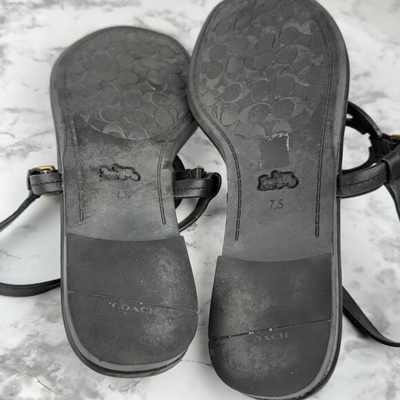 Coach Jeri Black Leather Sandals Size 7.5 Thong Slingback Flat C Logo Buckle - Picture 9 of 10